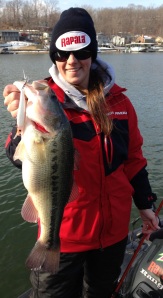 Michaela with a bass she caught while pre-fishing Lake of the Ozarks.